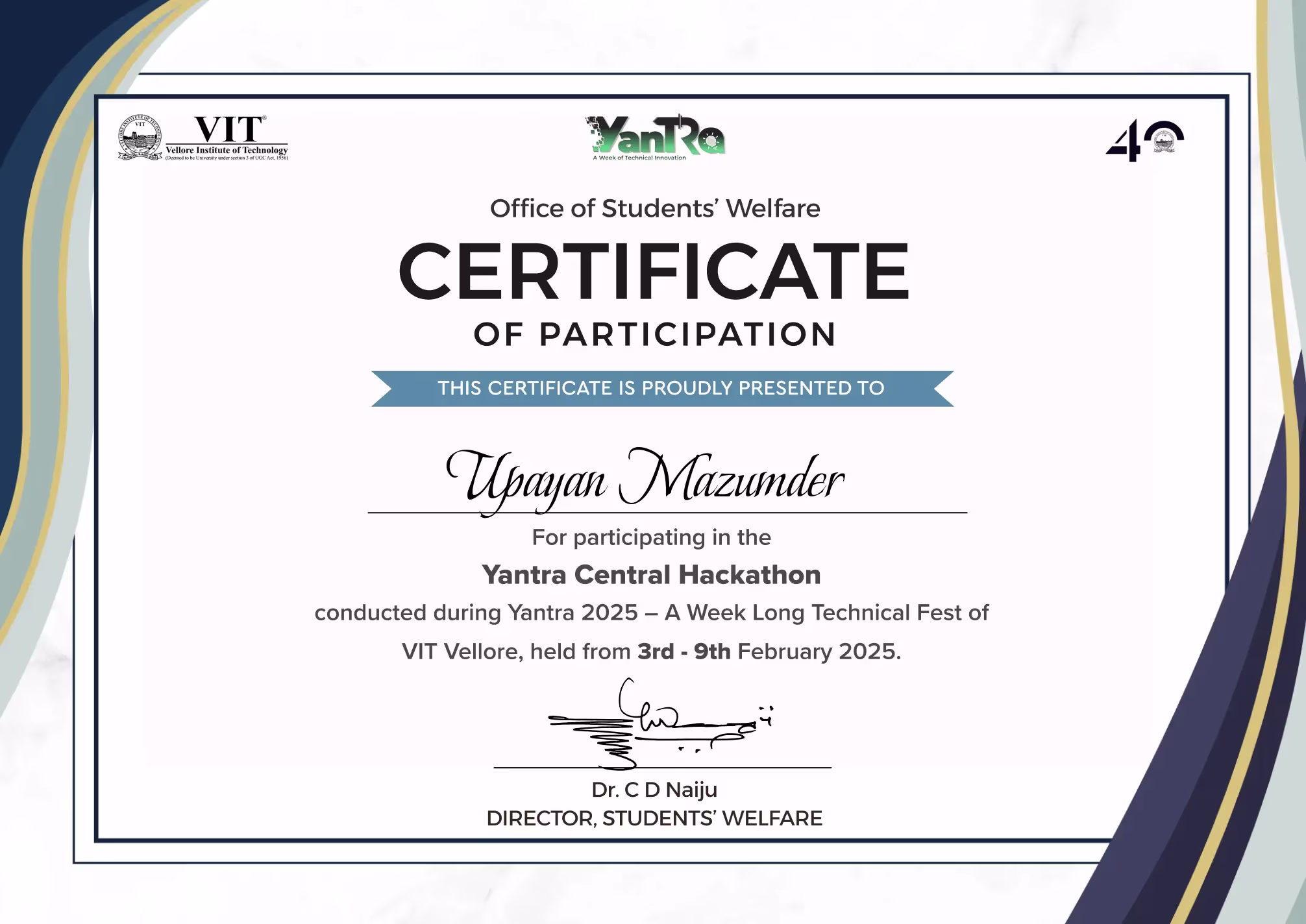 Yantra Central Hackathon'25 certificate